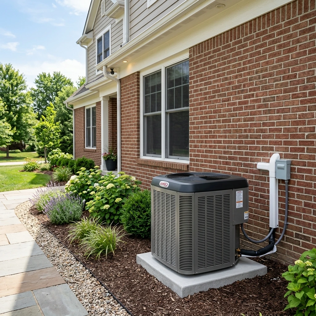 Outdoor residential air conditioning condenser beside a home