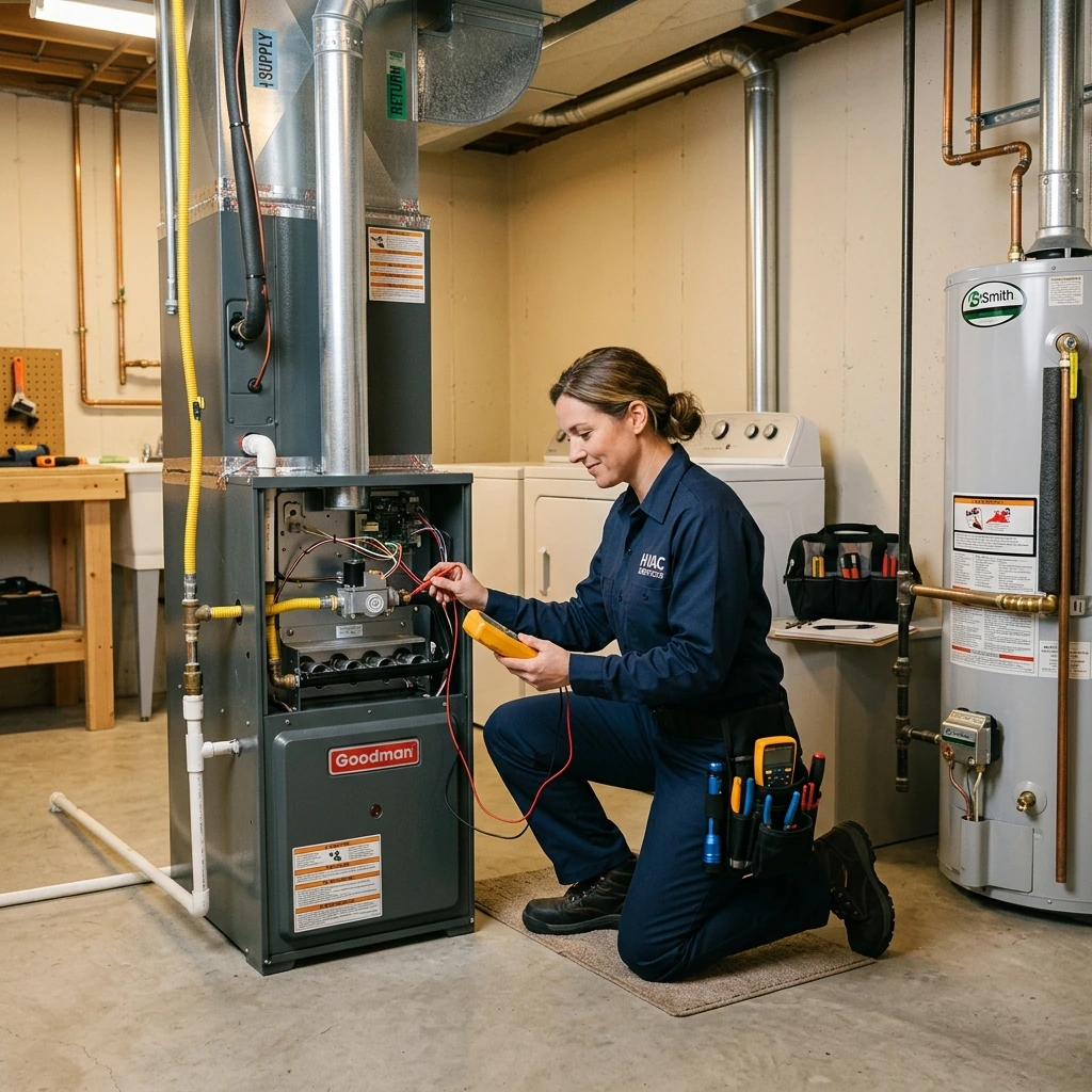 HVAC technician inspecting a residential furnace and heating system