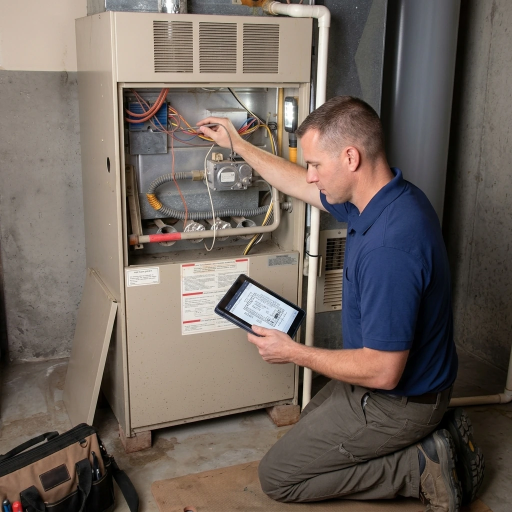 HVAC service technician inspecting equipment
